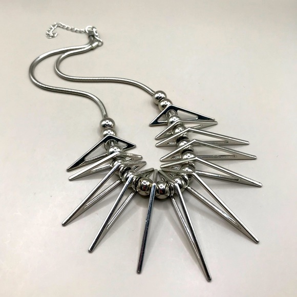 Silver-Tone Geometric Spike & Beads Statement Necklace - Picture 1 of 8